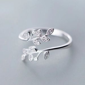 "Olivia" Minimalist Diamond Vine Leaf Plant Adjustable Silver Everyday Cute Ring